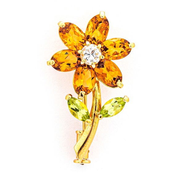 AIG Certified 5.20ct Natural Citrine Peridot Zirconia Floral Brooch - 18K Gold - Picture 1 of 8